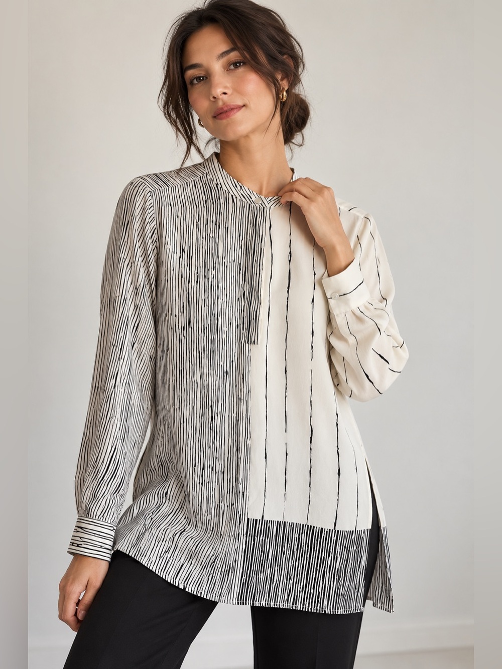 Black & White Abstract Stripe 100% Silk Tunic Blouse
